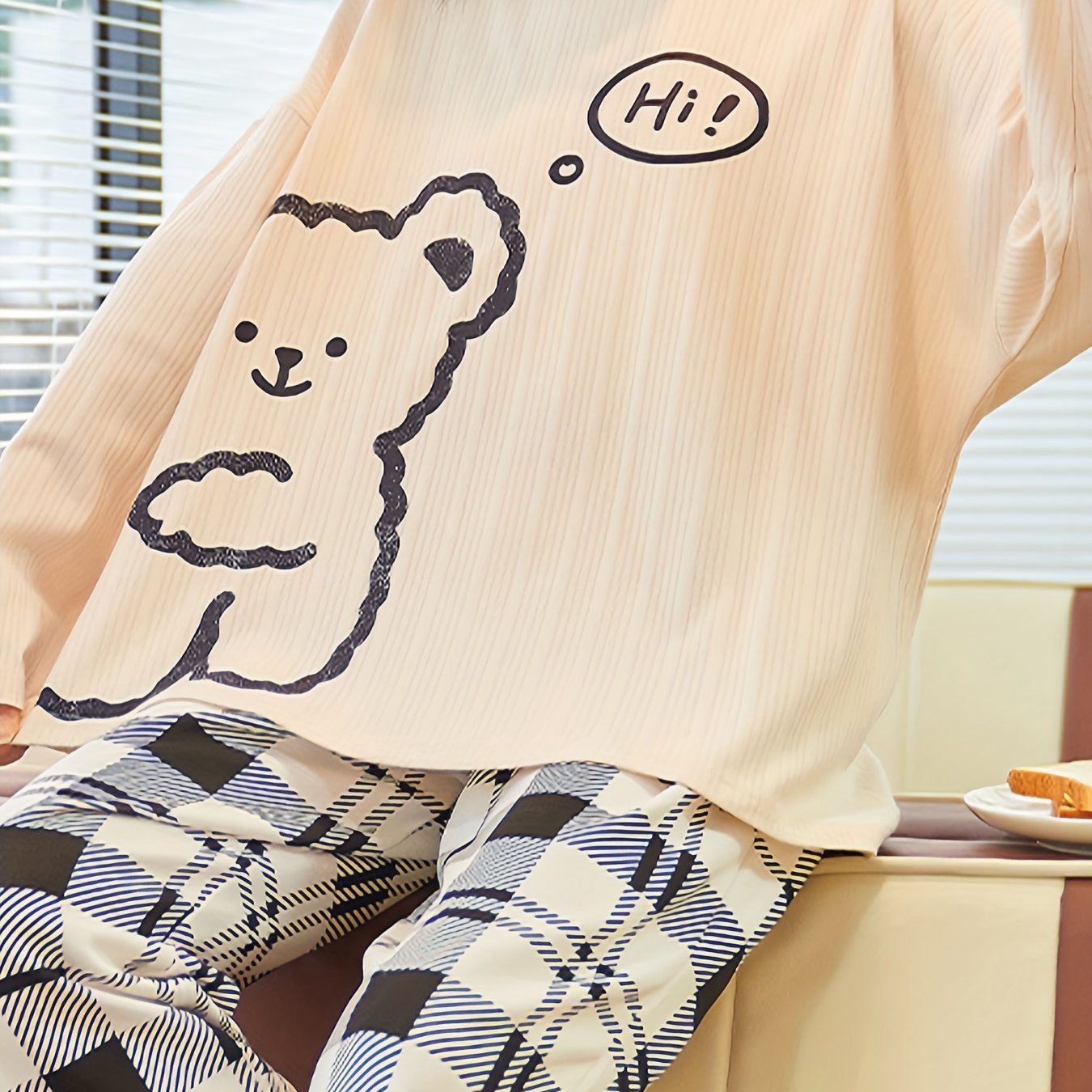 Bear Print Pajama Set Long Sleeve Top & Plaid Pants