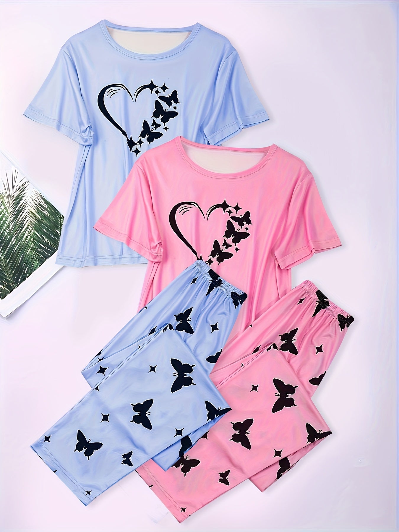 Heart Print Pajamas Set & Butterfly Print Pants