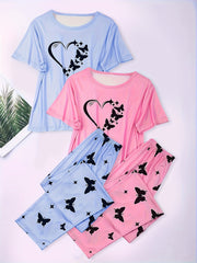 Heart Print Pajamas Set & Butterfly Print Pants
