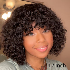 Long Lasting Kinky Curly Human Hair Wig with Bangs for Women