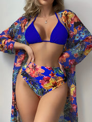 Tropical Print Bikini Halter V Neck Swimsuit Set Cover Up Shirt Women's Swimwear