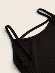 2pcs Solid Ribbed Pajama Rompers Crew Neck Backless Pajamas
