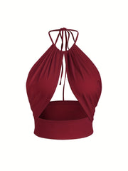 Women Halter Crop Top V Neck Tie Back Camisole Tank Tops