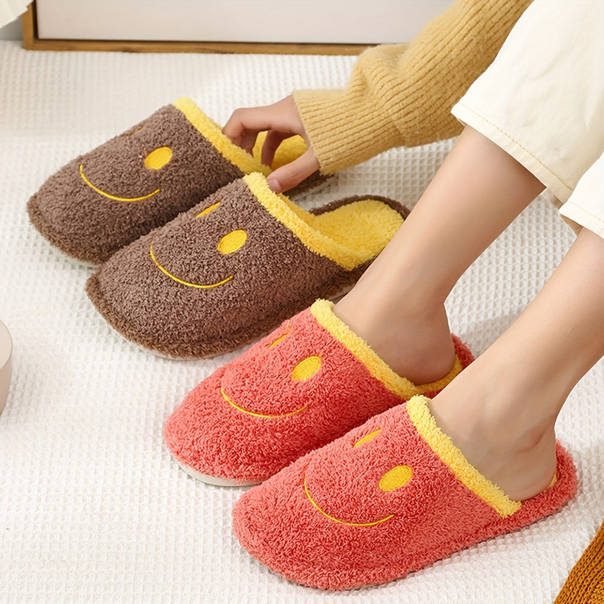 Cozy Smile Face Plush Slippers Warm & Fuzzy Shoes