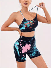 Graffiti Workout Suit: Cami Top & Hip Lifting Shorts for Fitness and Yoga