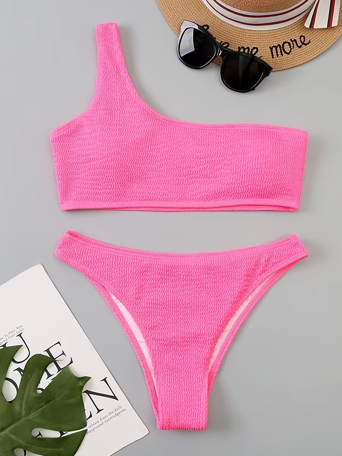One Shoulder Bikini Set Embossed Striped Print High Cut Two Piece Swimsuit
