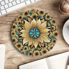 Boho Sunflower & Turquoise Round Mouse Pad Non Slip Base Mousepad