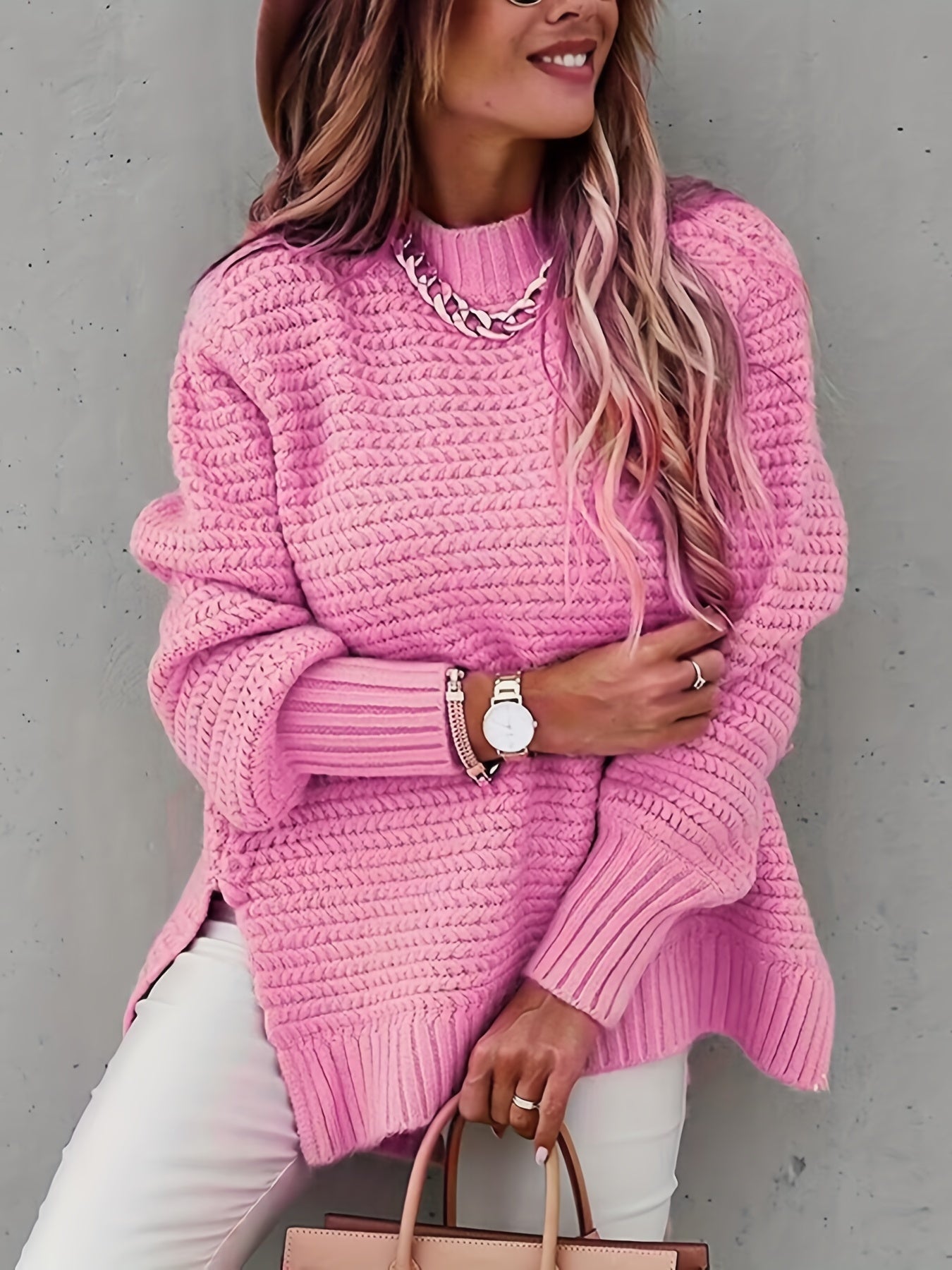 Chunky Knit Mock Neck Sweater Split Pullover for Fall & Winter Women's Clothing