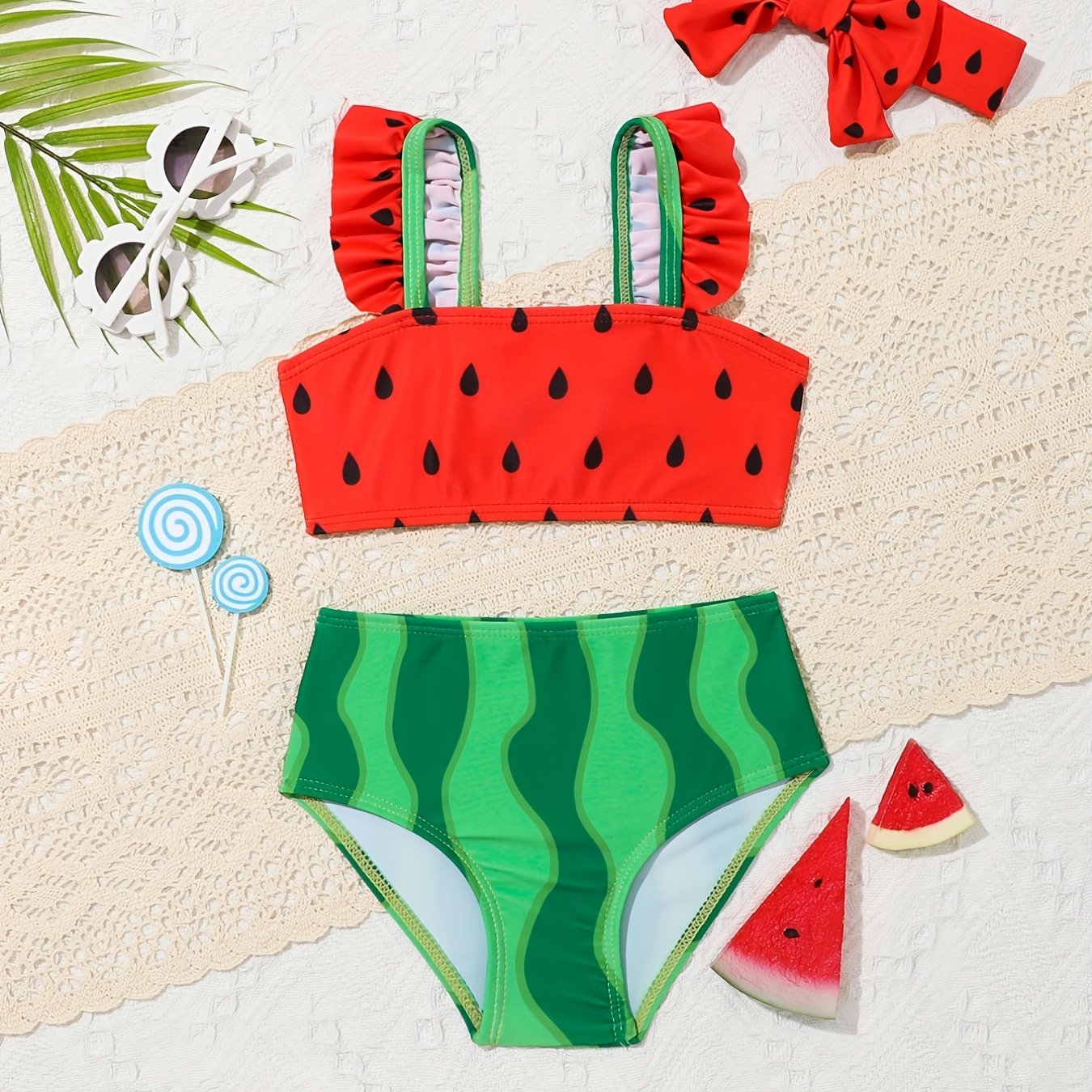 Baby Girls Watermelon Split Swimsuit Set with Headband
