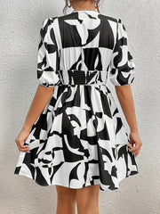 Geometric Print Ruched Dress Casual Plunging Puff Sleeve Dress
