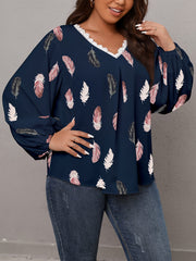 Feather Print Lantern Sleeve V Neck Casual Blouse
