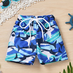 Boys Cartoon Print Drawstring Waist Shorts Swimsuit Trunk