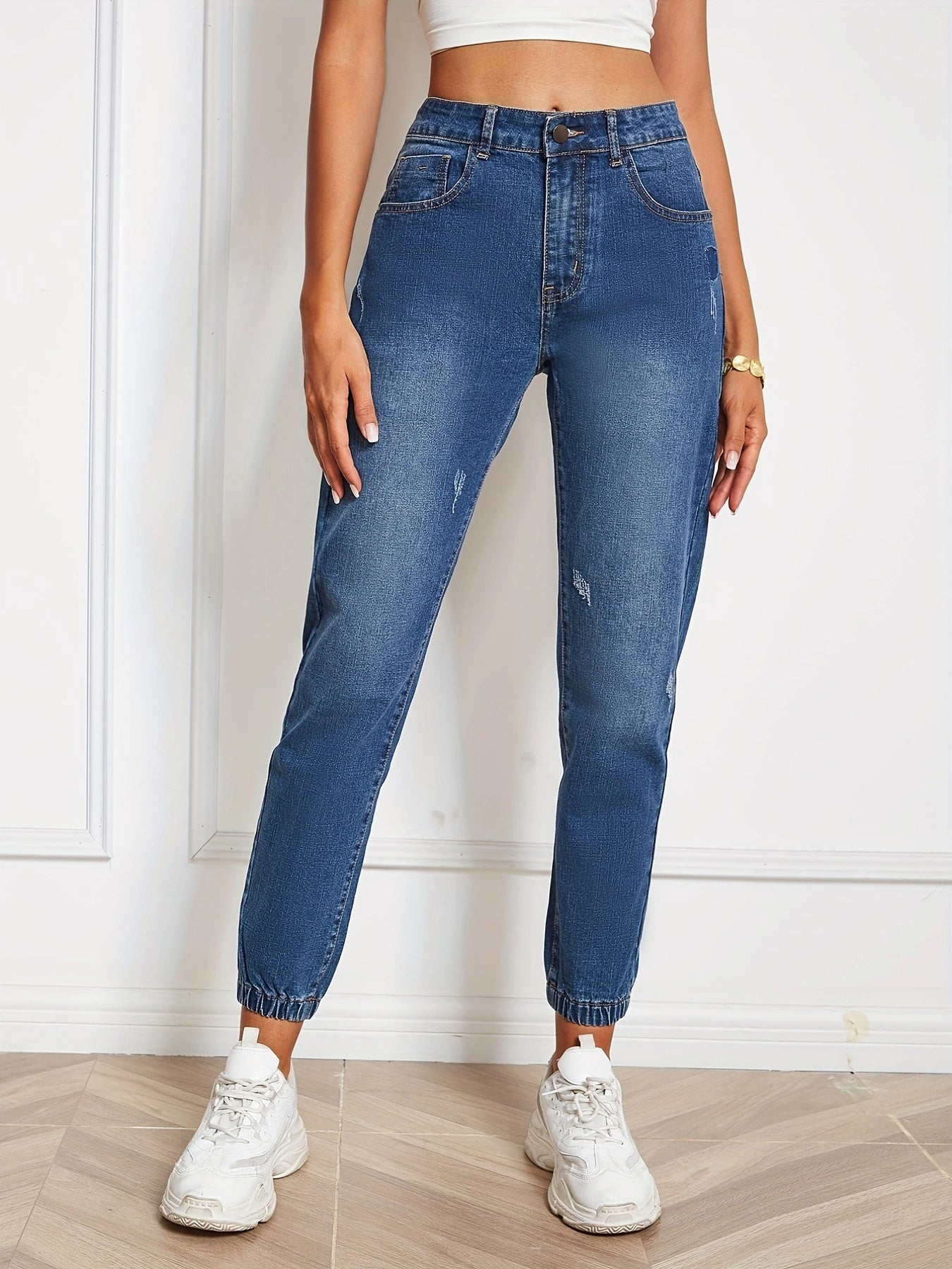 Loose Fit Straight Jeans Slash Pockets Mid Strstch Casual Denim Pants