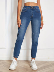 Loose Fit Straight Jeans Slash Pockets Mid Strstch Casual Denim Pants