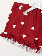 Heart Print Pajama Set V Neck Cami Top & Ruffle Shorts Women's Sleepwear