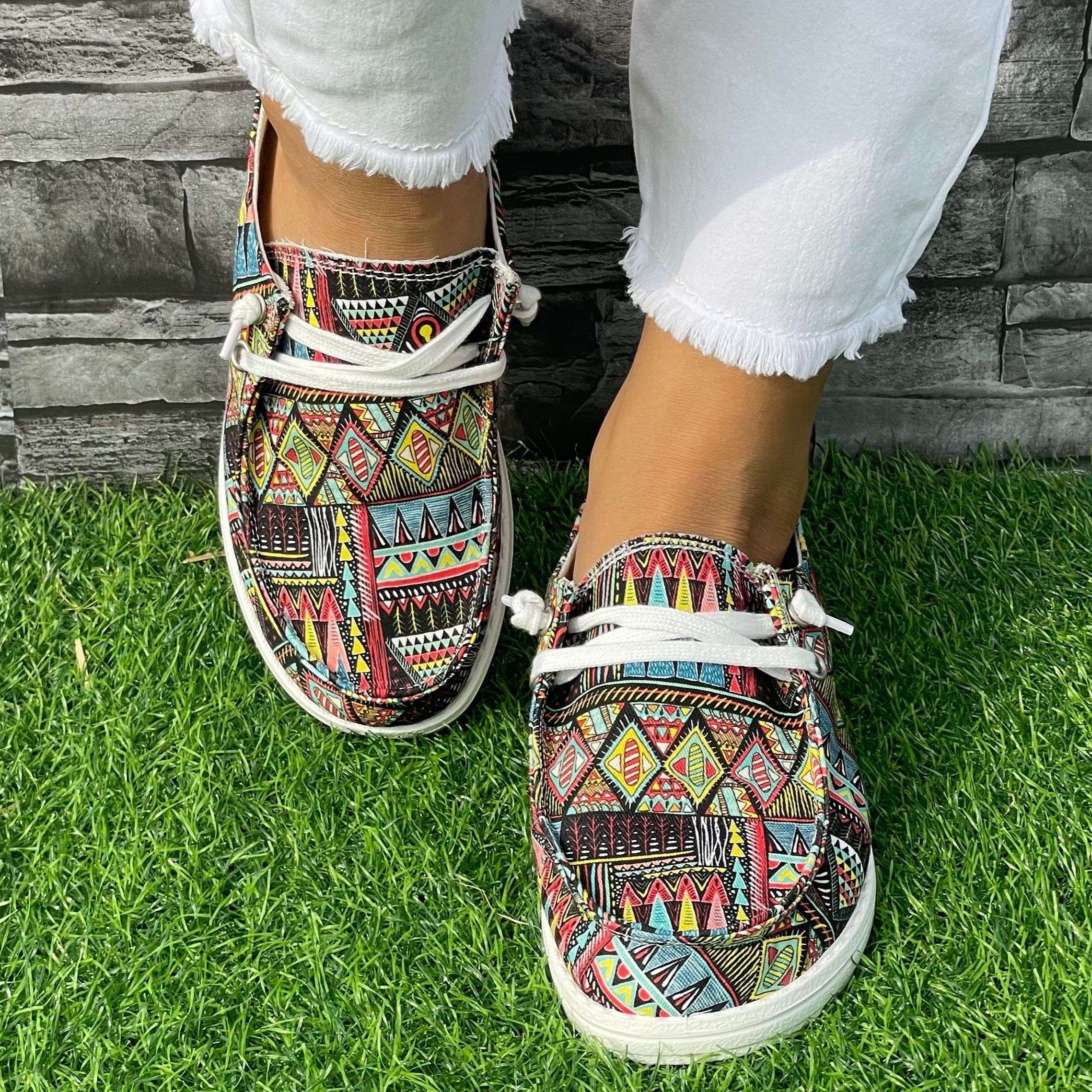 Ethnic Geometric Pattern Flat Shoes Women's Shallow Mouth Casual Shoes