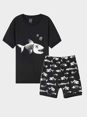 Boys Luminous Fishbone Pajamas Set Short Sleeves Tops & Bottoms
