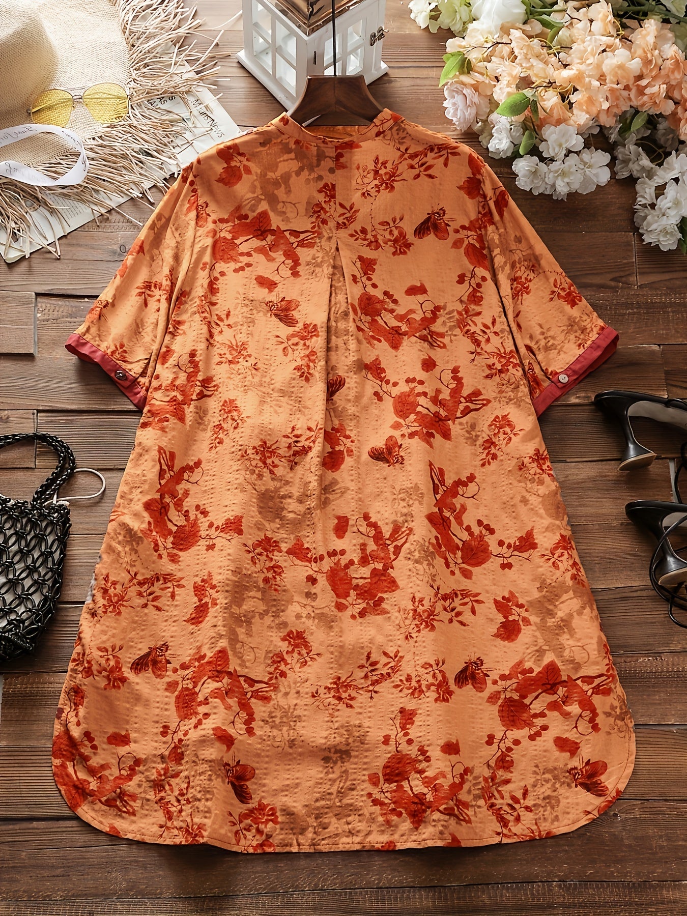 Floral Print Button Up V Neck Blouse