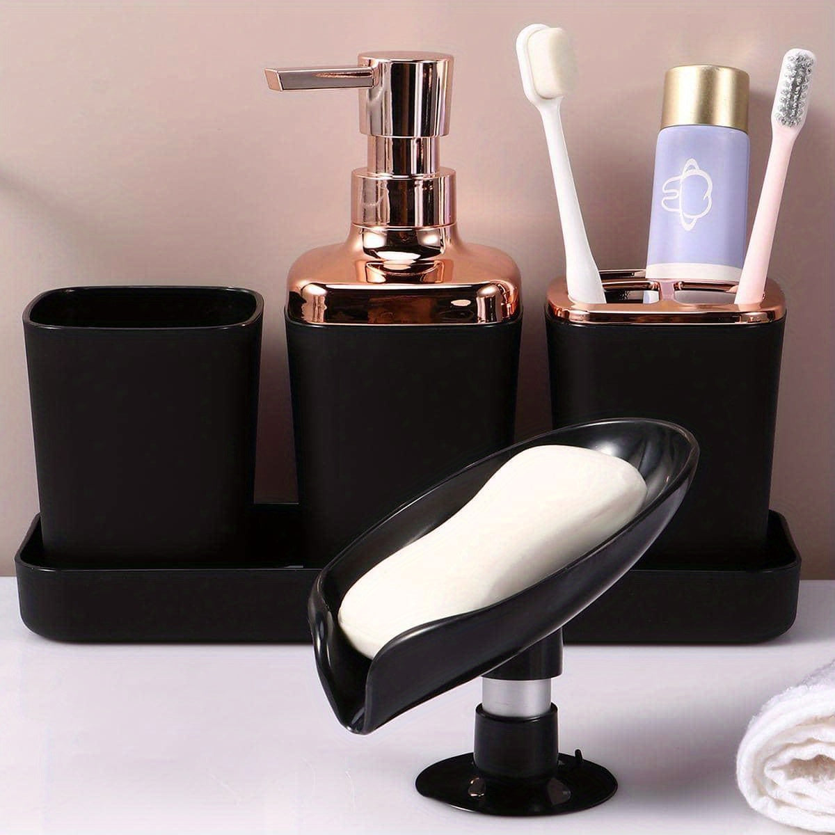 5pcs Bathroom Accessory Set: Lotion Dispenser, Soap Dish, Toothbrush Holder, Cup