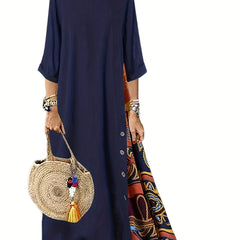 Ethnic Print Boho Maxi Dress 3/4 Sleeve Crew Neck Women's Clothing