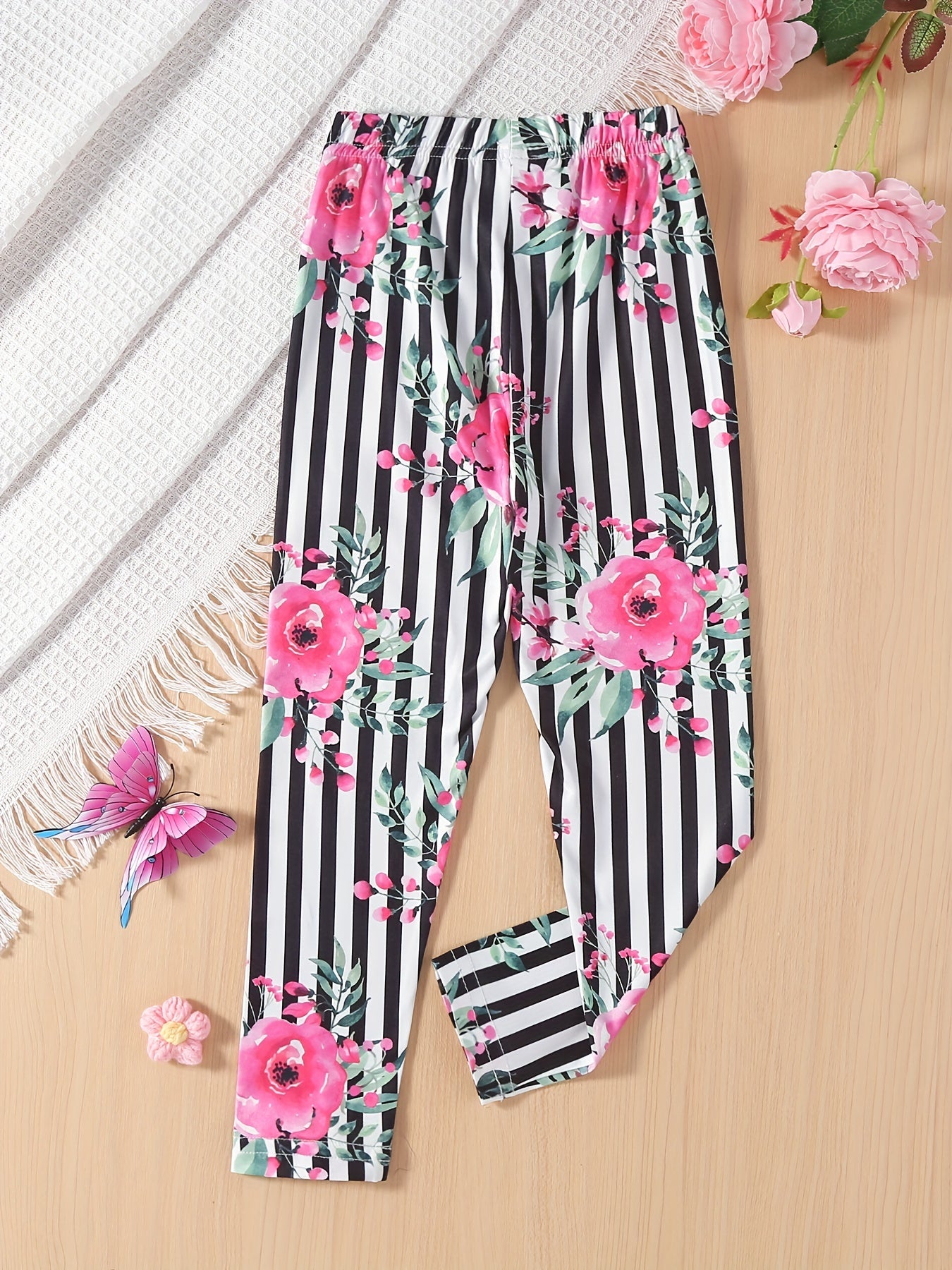 Girls' Floral Stripe Print Casual Pants Leggings Ankle Length