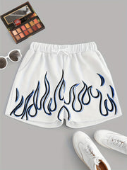 Flame Print Drawstring Shorts Elastic Waist Casual Summer Clothing