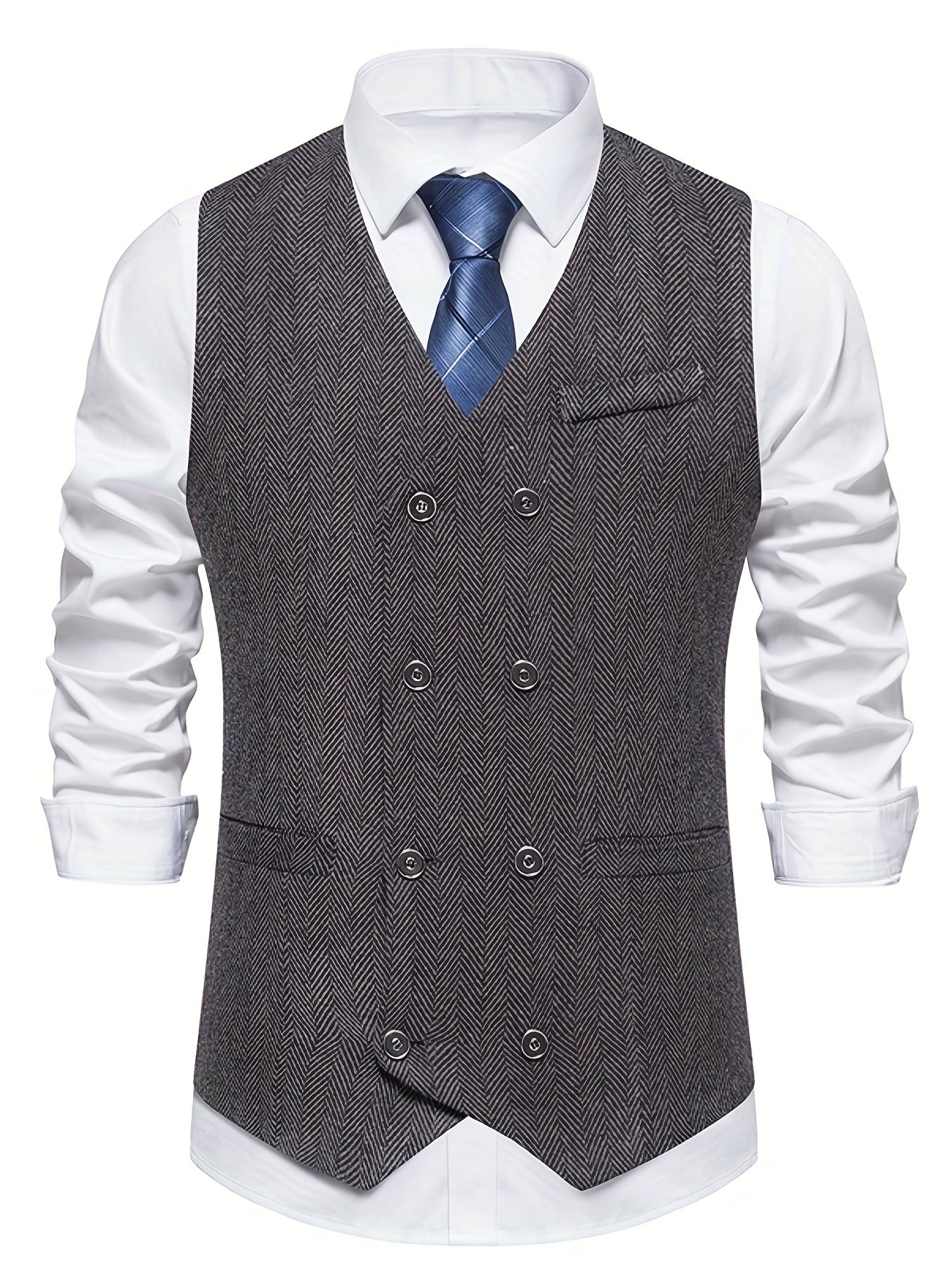Classic Herringbone Double Breasted Men's Vest Wedding Retro Suit