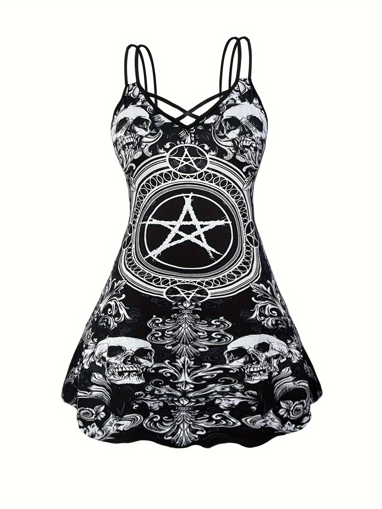 Goth Cami Dress Women's Plus Skull & Floral Print Criss Cross V Neck