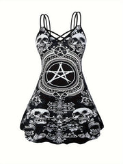 Goth Cami Dress Women's Plus Skull & Floral Print Criss Cross V Neck