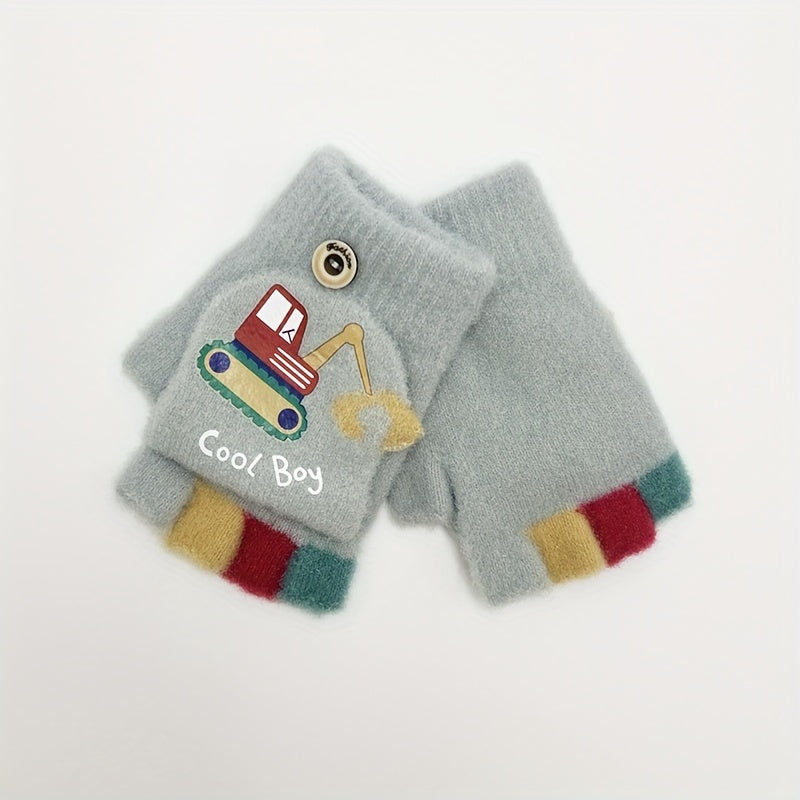 Excavator Kids Gloves Boys Girls Cartoon Half Finger Flip Knitted Warm Gloves