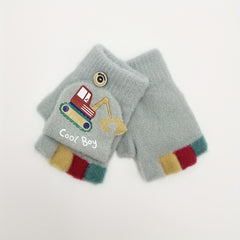 Excavator Kids Gloves Boys Girls Cartoon Half Finger Flip Knitted Warm Gloves