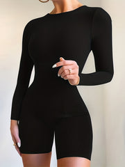 Solid Slim Romper Jumpsuit Long Sleeve Crew Neck Women's Clothing