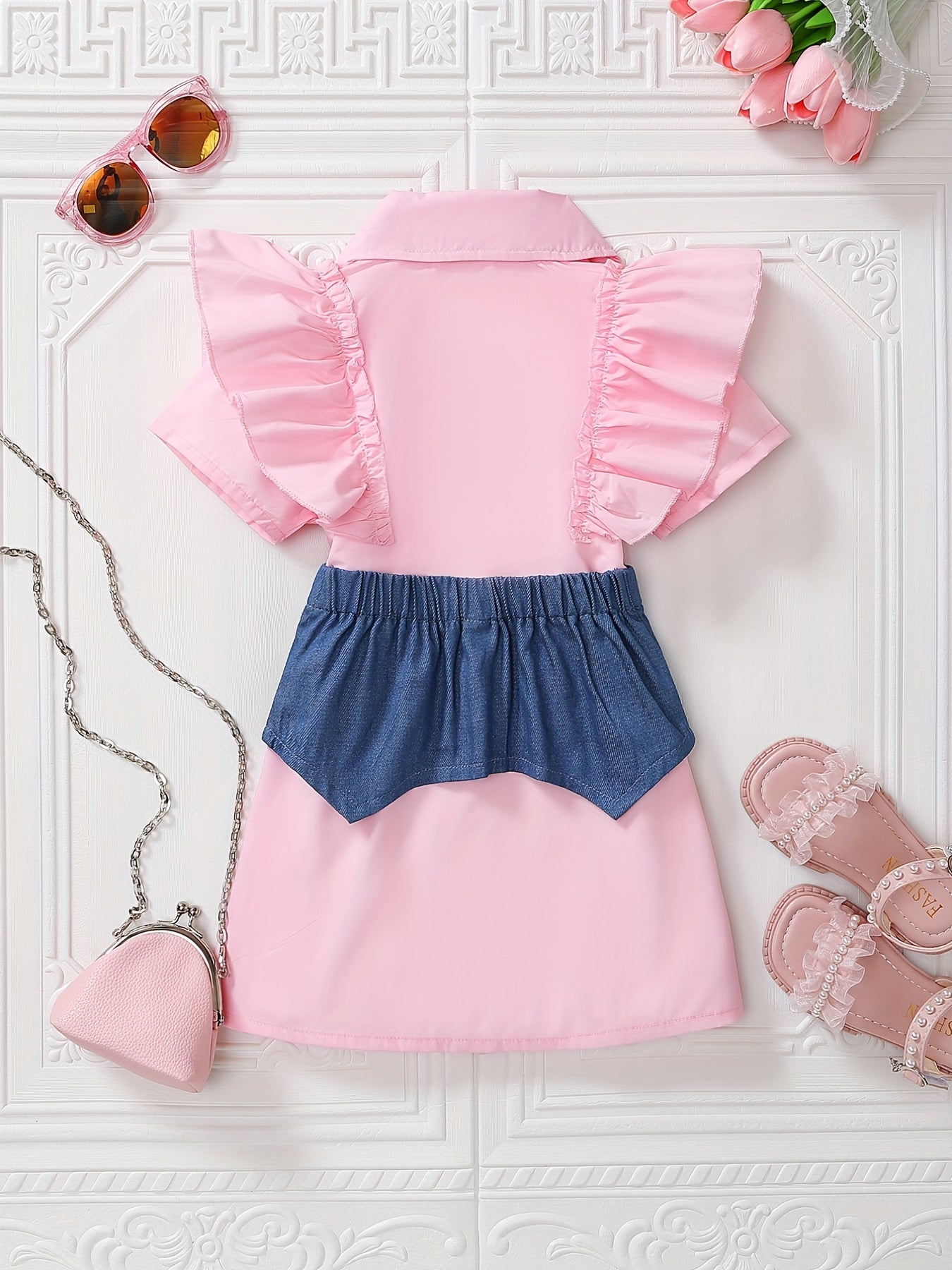 Toddler Girls Denim Spliced Shirt Dress with Ruffle Trim