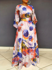 Random Print Nipped Waist Bell Sleeve Maxi Dress