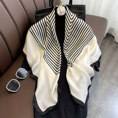 Stripe Print Square Scarf Shawl Silk Head Wrap Windproof Travel Beach Towel