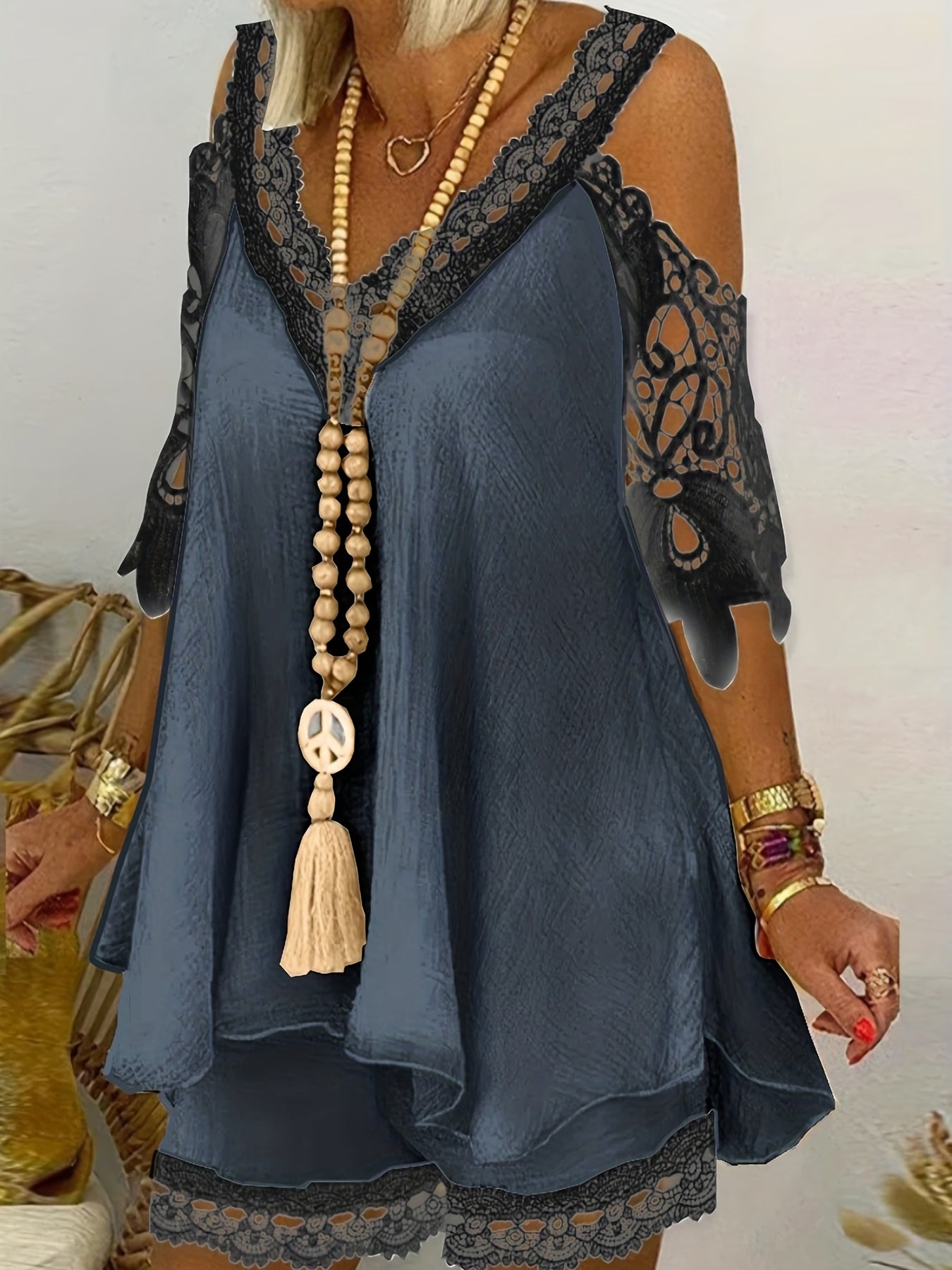 Cold Shoulder Lace Panel V Neck Dress
