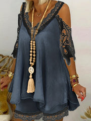 Cold Shoulder Lace Panel V Neck Dress