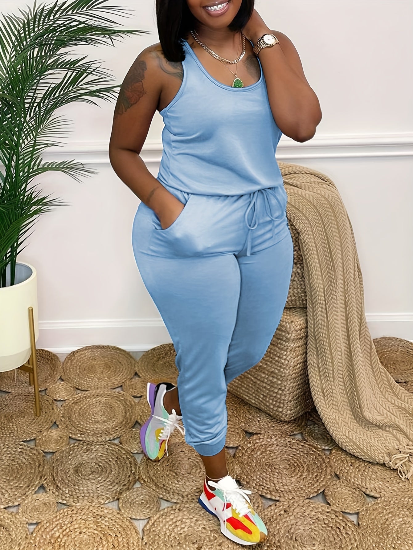 Casual Tank Jumpsuit Solid Round Neck Drawstring With Pockets