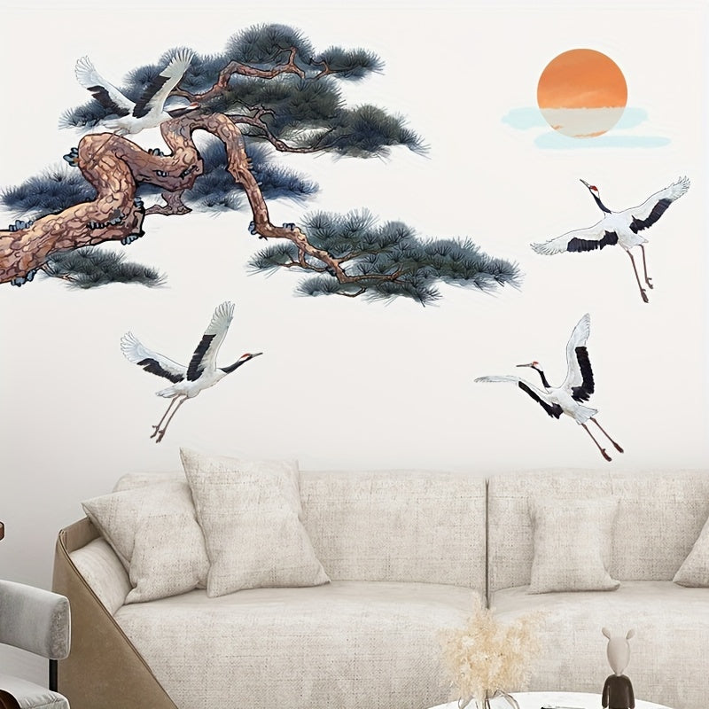 Chinese Style Ink Pine And Crane Painting Wall Stickers Bedroom Decoration