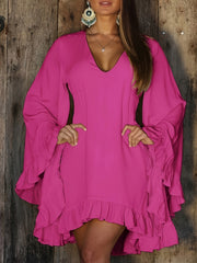Solid Bell Sleeve V Neck Ruffle Trim Dress