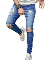 Slim Fit Ripped Jeans Men's Casual Street Style Distressed Mid Stretch Denim Pan