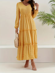 Textured Shirred Waist Dress Long Sleeve Maxi Dress