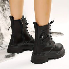 Women's Platform Combat Boots Round Toe Chunky Low Heeled Boots