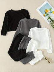 Girl's Waffle Sweatshirt & Sweatpants Set, Casual Outfit for Spring Fall