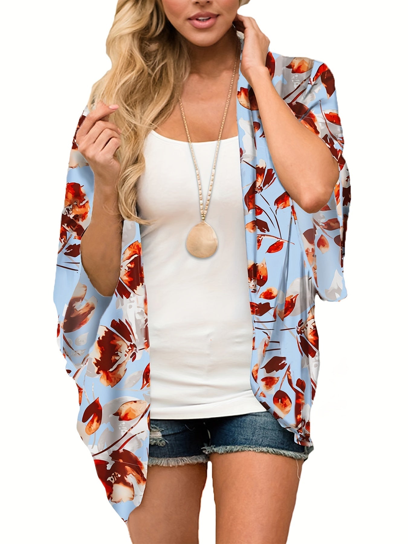 Floral Print Cover Up Shirt V Neck Loose Fit Blouse Women's Swimwear