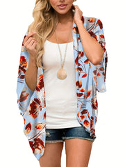Floral Print Cover Up Shirt V Neck Loose Fit Blouse Women's Swimwear