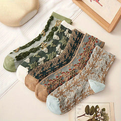 5 Pairs 3D Floral Textured Retro Style Mid Tube Socks Women's St