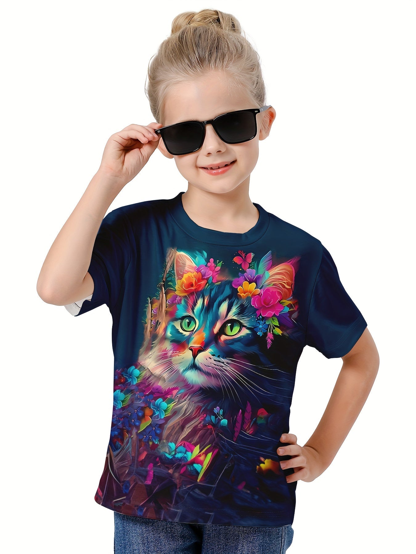 Girls Tie Dye Kitty Graphic Crew Neck T-shirt