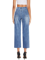 High Rise Straight Leg Jeans Loose Embossed Crotch Pocket Long Pants