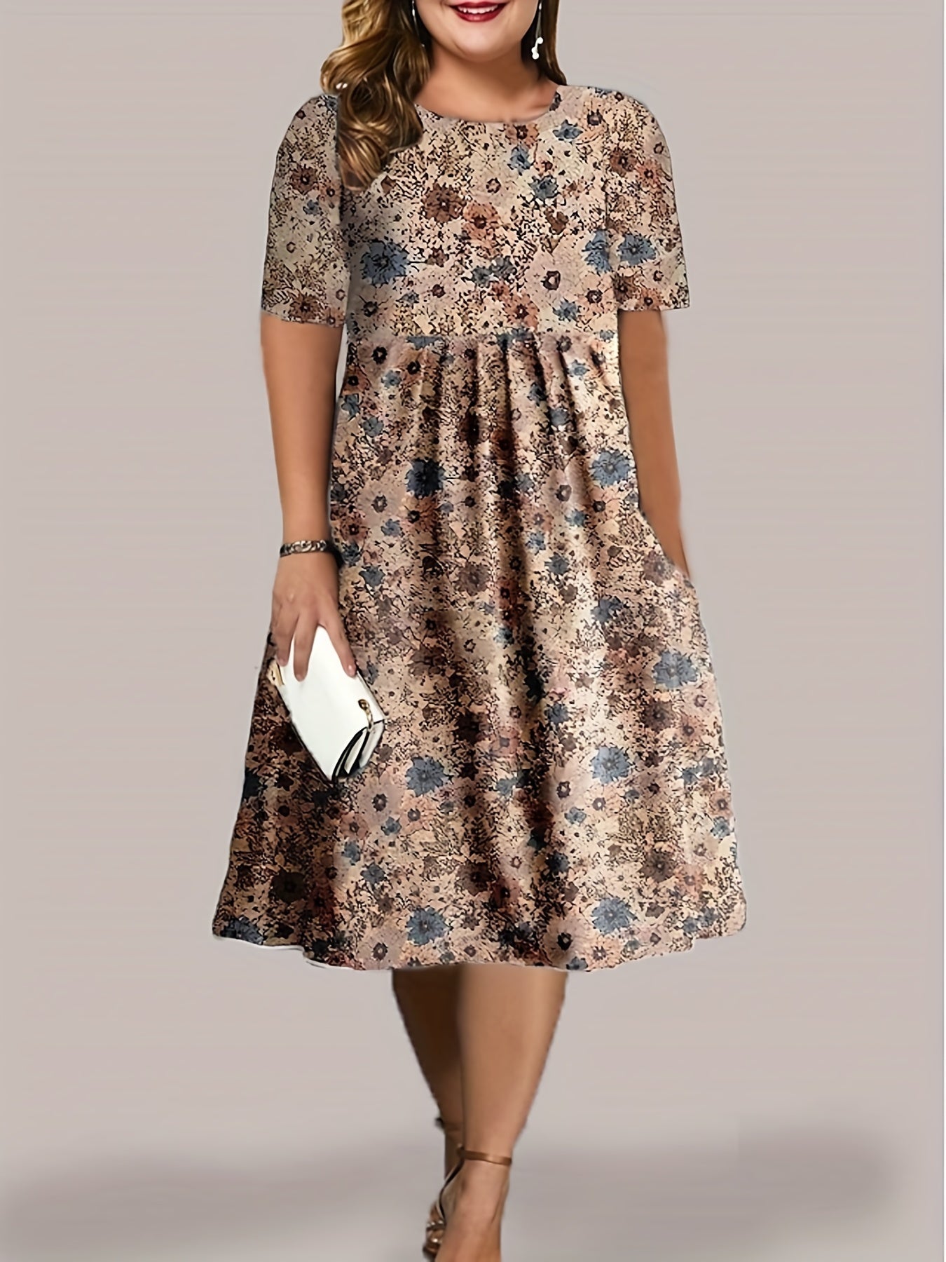 Floral Print Short Sleeve Round Neck Pleated Dress With Pockets